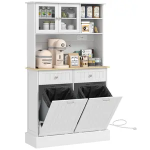 HOMCOM 68" Kitchen Pantry Storage Cabinet with Charging Station, 2 Tilt Out 10 Gallon Trash Can Cabinets and Drawers, Freestanding Kitchen Hutch with Glass Doors and Adjustable Shelf, White