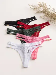 Women's Mesh Thong Underwear, Lace Low-Waist Cutout Panties, Breathable Mesh Tights, Sexy Slim-Fit, Aesthetic, All-Season, 5 Pcs Set, Everyday