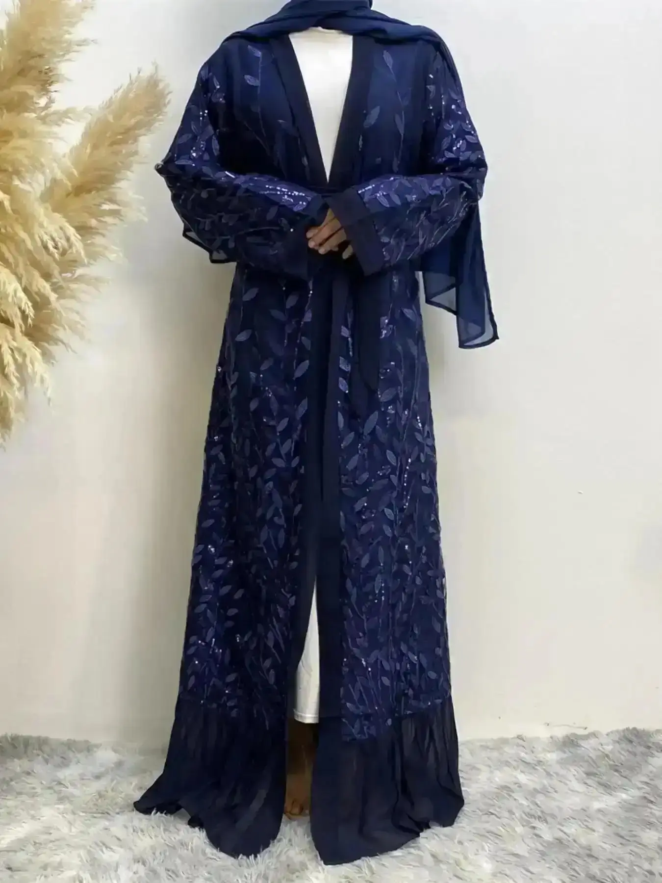 Arabic Clothing-contrast Sequin Leaf Embroidery Ruffle Hem Belted Caftan Abaya without Dress, Modesty Elegant Long Sleeve Open Front Arab Robe Loose Islamic Abayas, Stylish and Comfortable Design