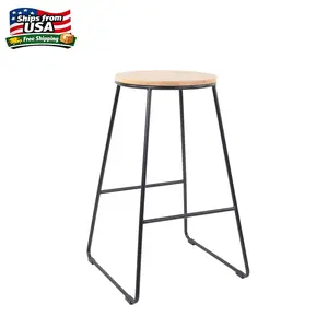 MS 28"H Backless Stool Black Metal Base with Natural Wood Seat