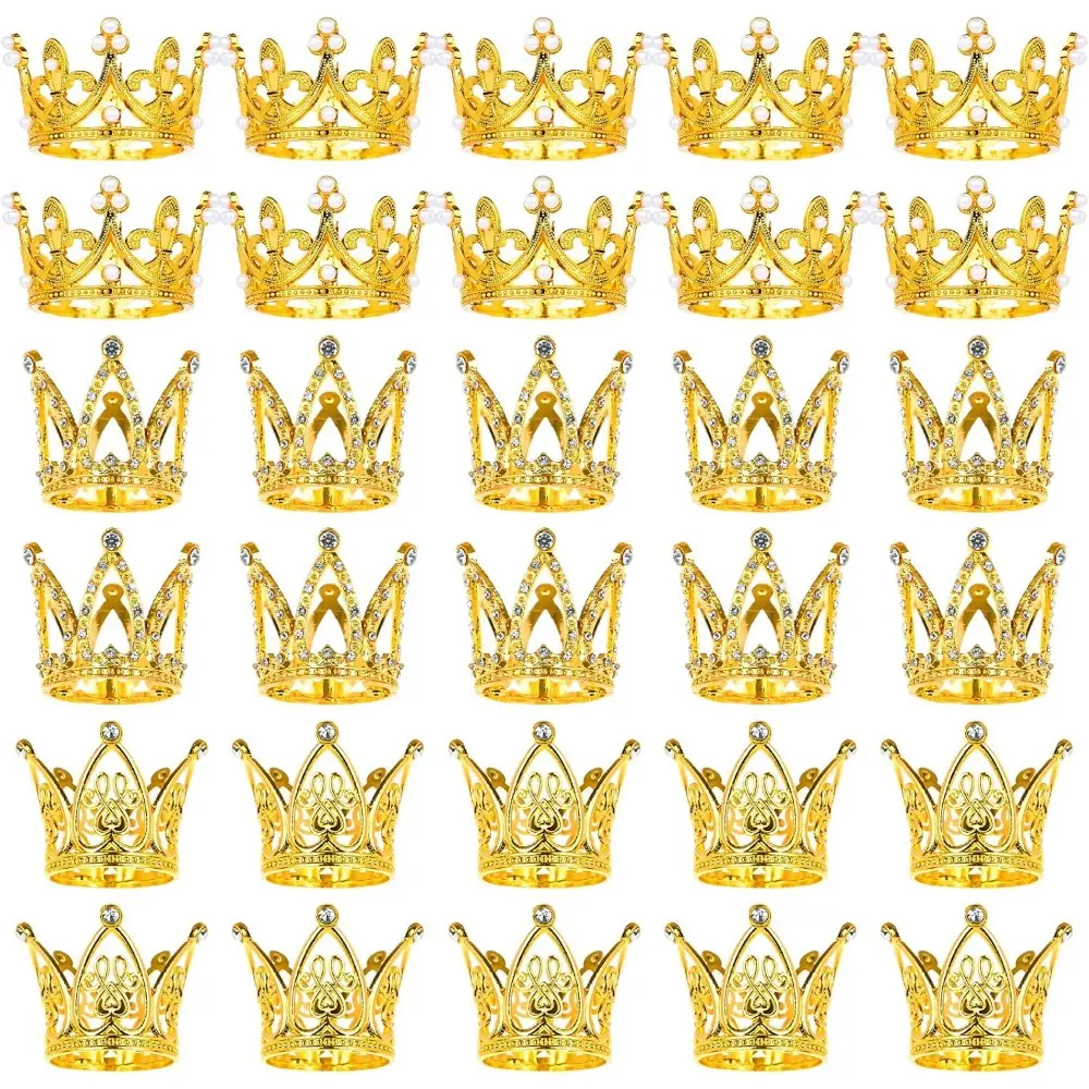 Pack of 30 Golden Crown Cake Topper, Mini Princess Headpiece Cake Decoration for Women Lady Girl Bridal Wedding Royal Themed Shower Decor