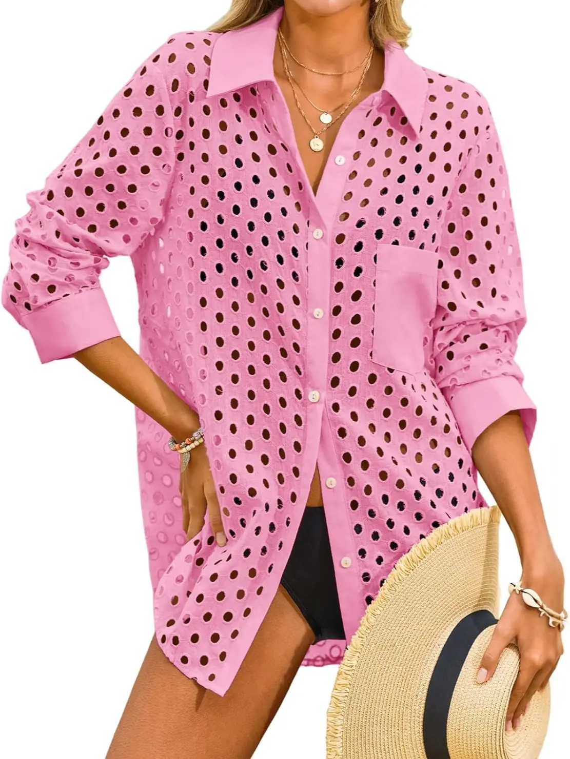 FISOEW Women's Sports Hollow-Out Button-Down Swimwear Coverups - 2026 Spring-Summer Beach Cover Ups (White, Green)
