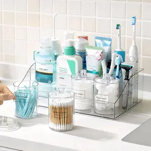 5 PCS Bathroom Countertop Organizer, 1 Divided Tray with 4 Qtip Holder Jars, Restroom Clear Organizers for Toothbrush, Cotton Pads Balls, Floss, Bathroom Vanity Accessories Storage Set