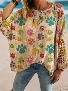 Women's Multicolor Cat Paw Print Long Sleeve Knit Top, Casual Elegant Vacation Style Sweater, Loose Fit Batwing Shoulders, Spring Fall Clothing for Everyday Wear