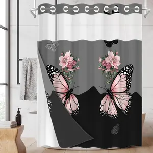 1pc hookless shower curtain with buckle lining, spring pink floral butterfly gray-black design, 2D flat printing, fabric waterproof lining, see-through double-layer shower curtain, 71 x 74 inches, modern home draping curtain, Bathroom Curtain