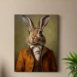 1 Piece Canvas Painting, 2D Flat Retro Rabbit Portrait, Fun Creative Wall Decor, Suitable for Home Bedroom Kitchen Living Room Bathroom, Hotel Cafe Office Art Poster, Wooden Frame, Perfect Room Decoration
