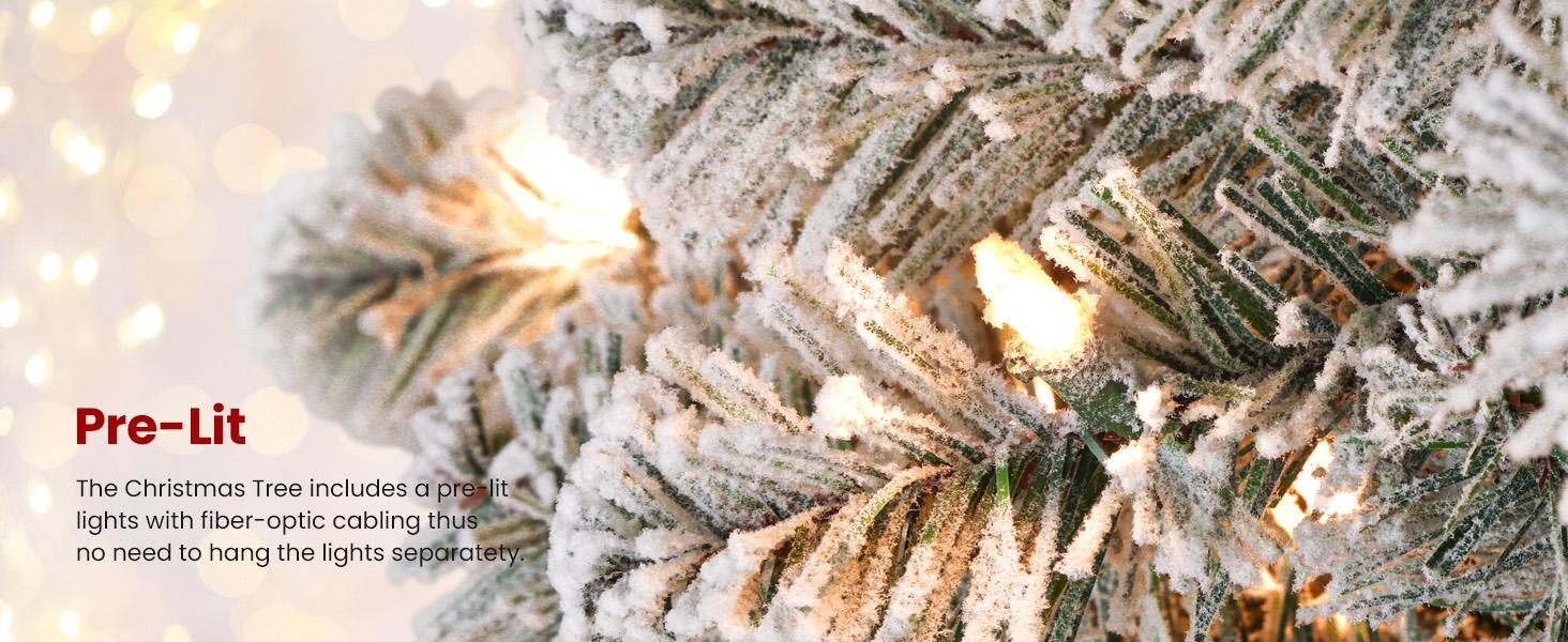SHareconn 2025 4/5/6/7.5/9FT Pre-lit Warm Lights Snow Flocked Artificial Christmas Tree with Dense Branches, Deluxe Design, Ideal Holiday Decoration