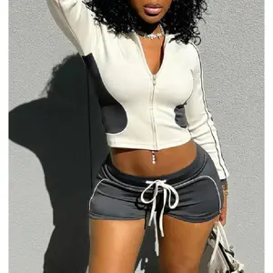Two-Piece Set Women's Colorblock Side Stripe Zip Up Crop Jacket & Plain Drawstring Waist Shorts, Casual Fashion Stand Collar Long Sleeve Top & Shorts for Daily Outdoor Wear, Ladies Spring & Fall Clothes