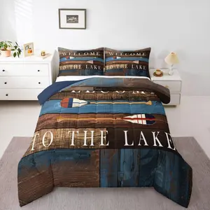 Feelyou Rustic Farmhouse Comforter Set - Retro Wooden Paddle Design Polyester Fiber Bedding, Multi-Size RV Travel Bedroom Decorative Set for Teens, Old Barn Lake Decor Insert Included, Bedroom Bedding Set