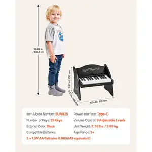 Summervibes VEVOR Kids Piano Keyboard, 25 Keys Wooden Digital Piano for Kids, Mini Music Educational Instrument Toy with Realistic Sound, Dual Power, Adjustable Volume for Toddlers, Boys Girls Learning, Black