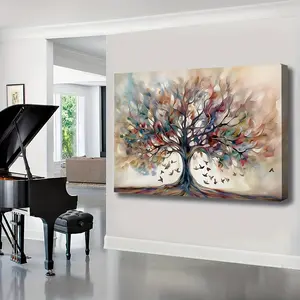 2D flat painting, 2D flat painting, oversized canvas painting, featuring a framed Tree of Life design with geometric patterns, suitable for spring and summer. Made of pine wood, it can enhance the decorative effect of kitchens, bathrooms, and living rooms