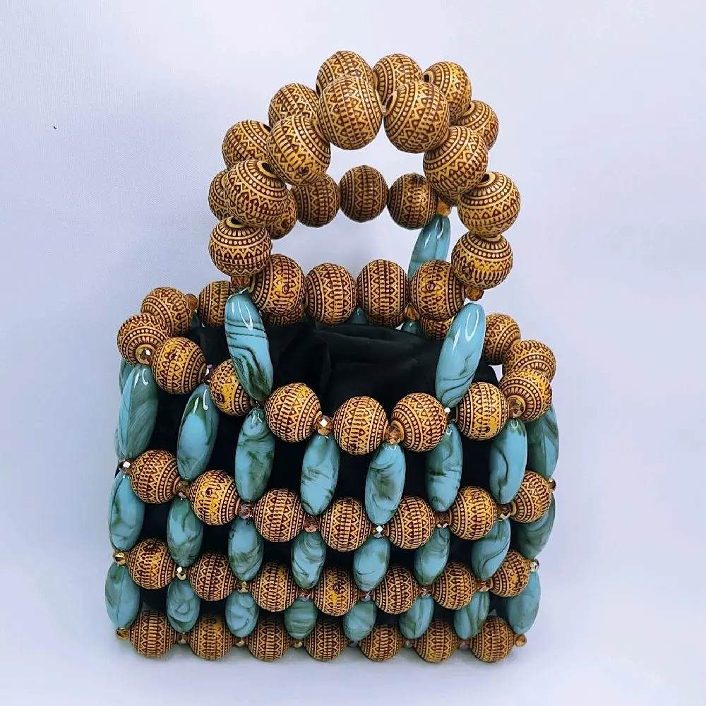 Women's Beautiful Beaded Bag with Brown  and Teal Beads Unique Design Accessory