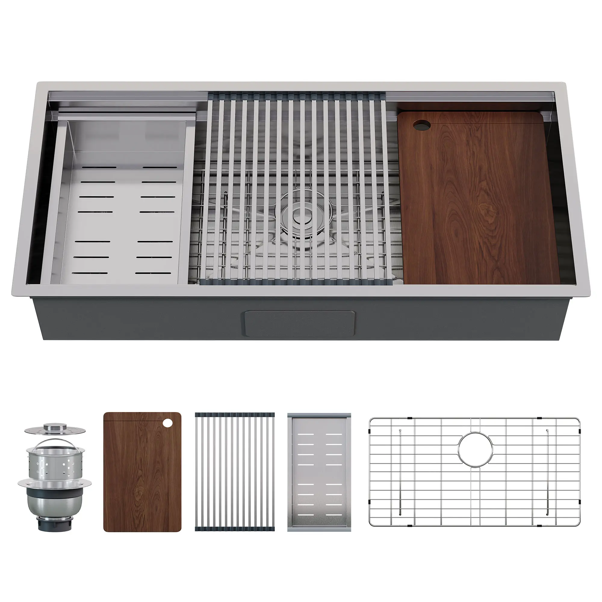 AMERLIFE Modern 16-Gauge 304 Stainless Steel Undermount Kitchen Workstation Sink for Kitchen Counter, Single Bowl (31.5/32.5/36/44.3-in) with Cutting Board, Drying Rack, Roll-Up Rack, Drain Assembly, Rectangle