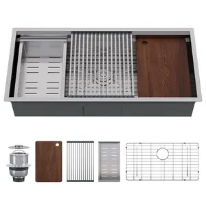 AMERLIFE 31.5/32.5/36/44.3-Inch Undermount Kitchen Sink Workstation, 16 Gauge 304 Stainless Steel Single Bowl Kitchen Sink with Cutting Board, Drying Rack, Roll-Up Rack and Drain Assembly