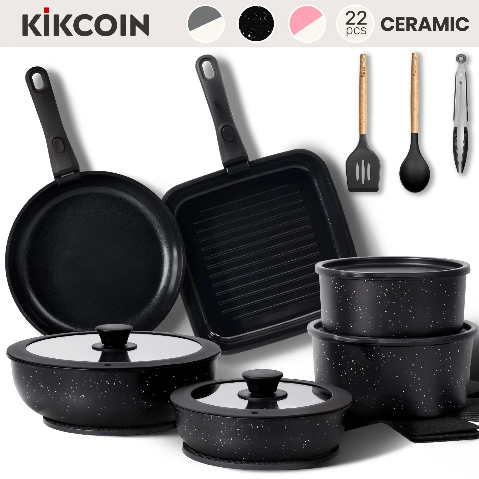 Moms PickKikcoin NonToxic Nonstick Ceramic 22 pcs pots and pans set complete Cookware Set with LidsDetachable HandlePFASFreeDishwasher Oven Sa