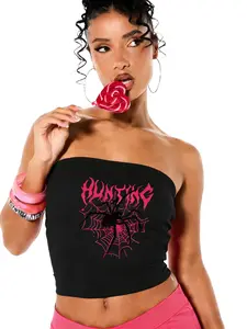 2026 Viral Spider Graphic Tube Top, Y2K Grunge Hunting Strapless Crop Top, Trendy Gothic Streetwear Top, Sexy Letters Pattern