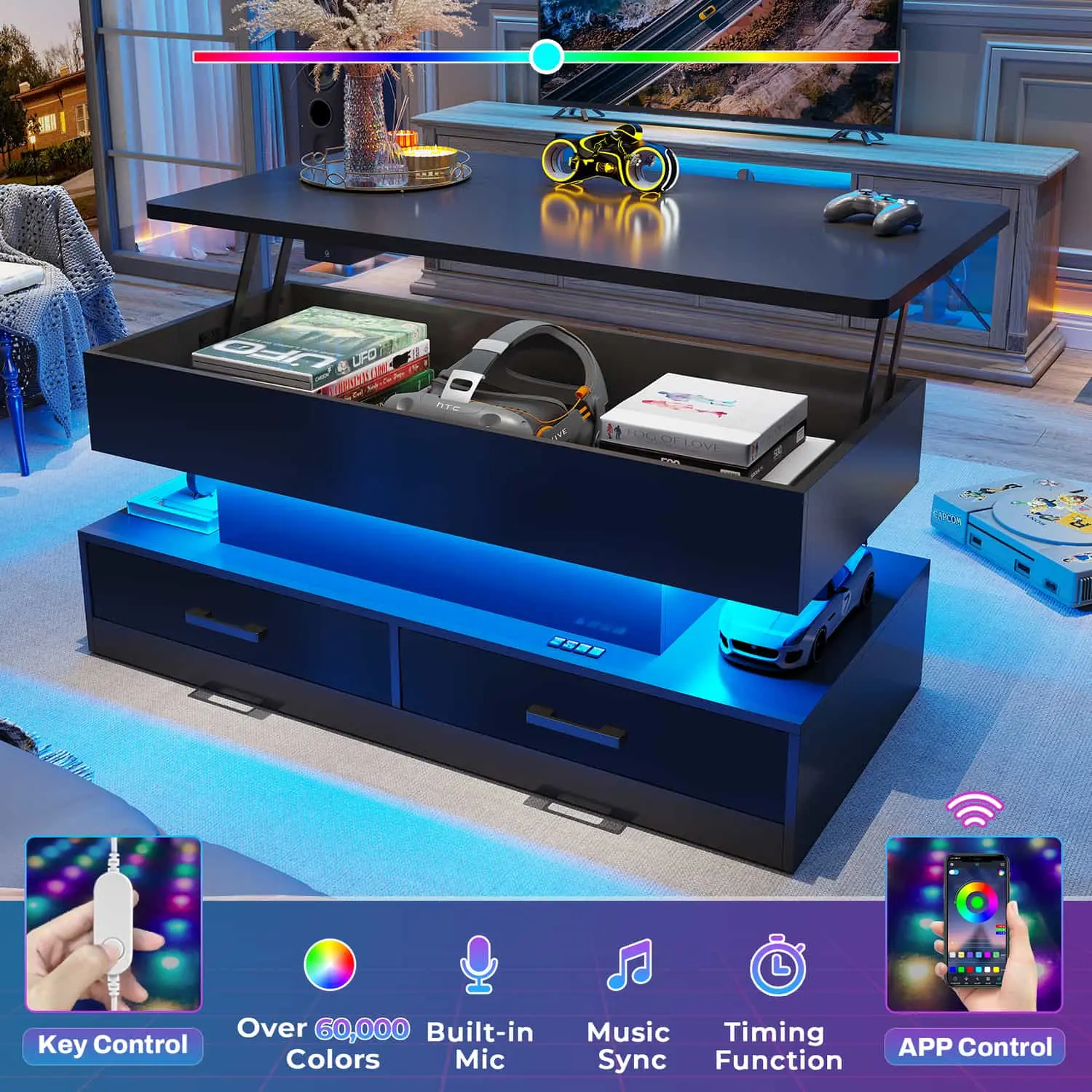 SIKAIC 40" Lift Top Coffee Table with LED Lights, Black Coffee Table with 2 Drawers & Storage for Living Room Furniture