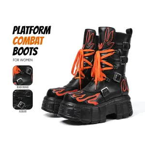 Womens Platform Boots Patchwork Fire Studded Thick High Heel Round Toe Lace up Chic Easy Side Zipper Buckle Combat Punk Spring Summer Rave Outdoor Events Festival Party Cosplay Motorcycle Riding Mid Calf Boot