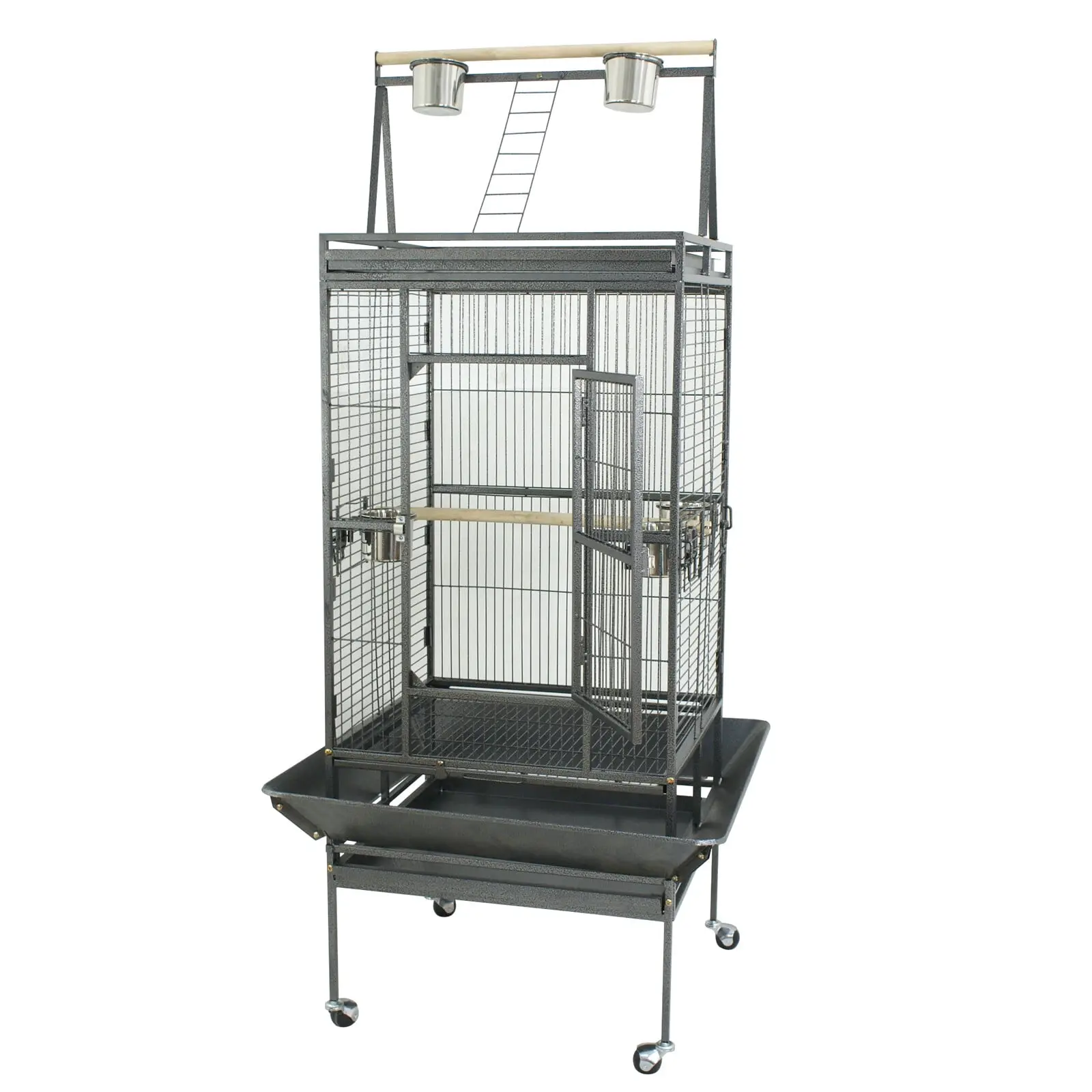 68"x31.3"x29" Portable Black Coated Iron Bird Cage, Durable Sturdy Pet Accessory with Wood Rolling Base, 360° Swivel Casters, Pyramid-Top Play Area, Mess-Free, Easy Assembly for Jardine's Parrot - Ideal for Flower Shops, Perch Bird Cages & Houses