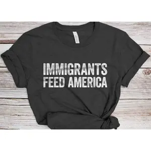 Unisex Cotton Knit Short-Sleeve Sporty Sports Top - Round Neck Funny Graphic Casual Streetwear Shirt, Immigrants Feed America Anti-Racism Activist Protest Apparel, Birthday/Christmas Gift, Sporty Sports Tops
