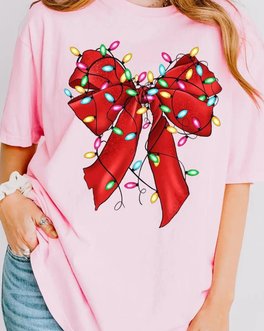 Christmas Lights Coquette Bow Comfort Colors Adult Ring-Spun Cotton Tee CHRISTMAS 2024