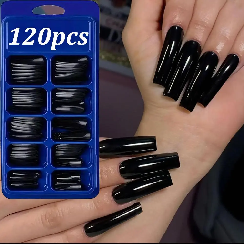 120pcs Black Long Ballerina False Nails Full Cover Glossy Coffin Acrylic Press On Nail Artificial Acrylic Extension Fake Nails