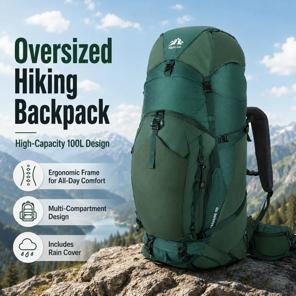 Night Cat Unisex 100L Inner Frame Durable Outdoor Hiking Backpack - Lightweight, Waterproof with Rain Cover, Multi-Compartment Rucksack, Green Father's Day Gift Idea, Multi Compartment Backpack