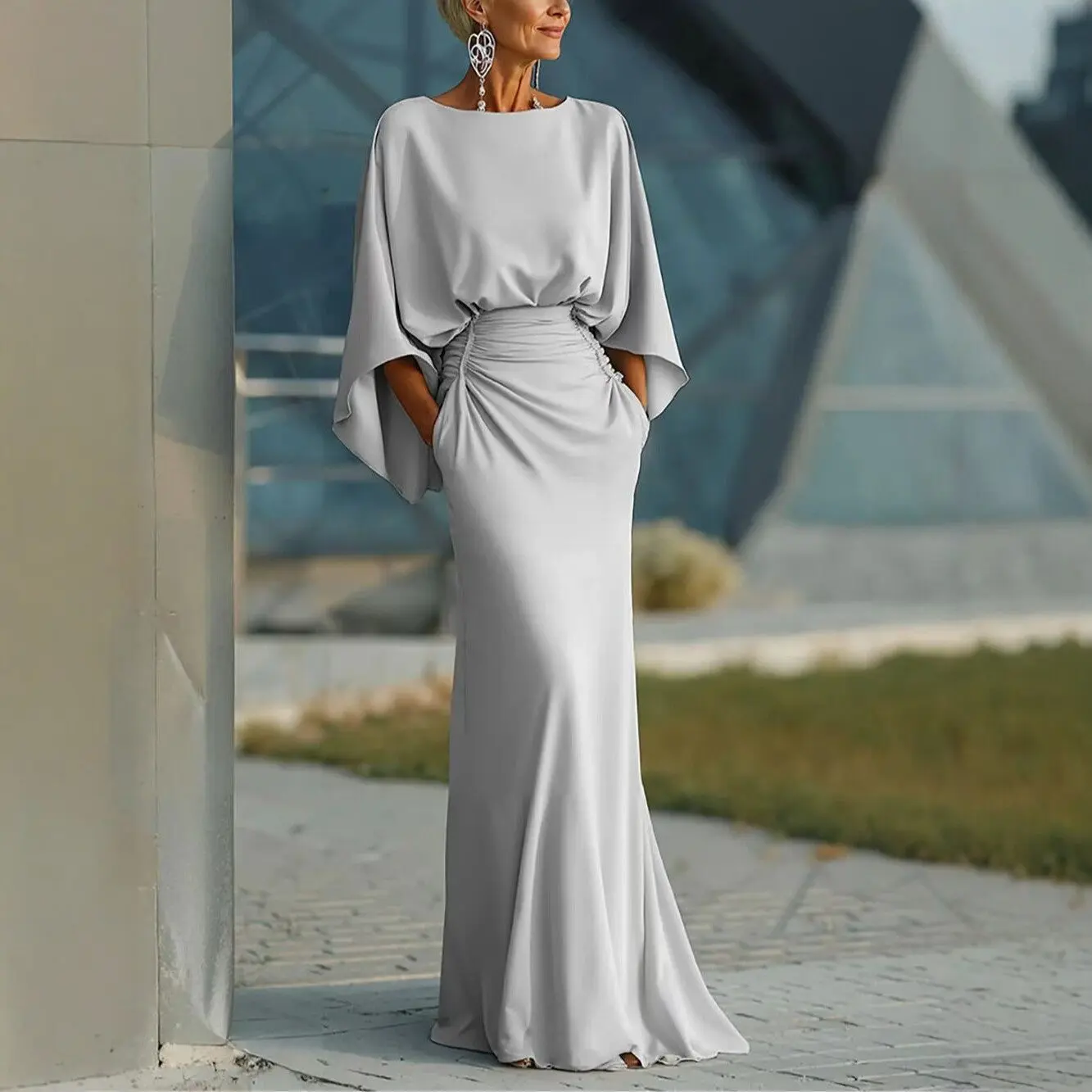Women's Chic Floor-Length Polyester Gown - Backless, Batwing Sleeves, Pleated Flared, Solid Color, Loose Fit, Premium Fabric, Slit Design, Slim-Fit Option, Suitable for Formal & Casual Wear