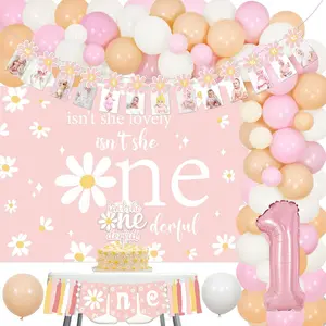 Daisy 1st Birthday Decorations Girl Isn't She Lovely Isn't She Onederful Backdrop Cake Topper with Daisy Balloon Garland Arch Kit Boho Hippie Baby Girl First Bday Supplies Gifts