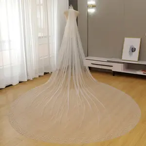 Elegant Cathedral Length Bridal Veil with Scattered Pearl Beading - Sheer Soft Tulle Wedding Veil