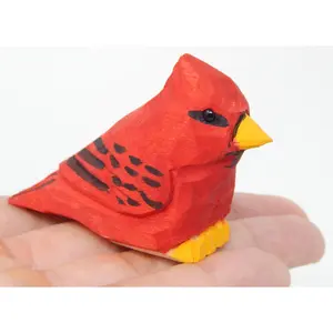 Cardinal Wood Red Bird Figurine Miniature Garden Statue Carving Home Decor Sculpture Small Animal