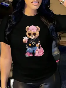 Women's Casual Cartoon Bear Print Round Neck Short Sleeve T-Shirt Black Summer
