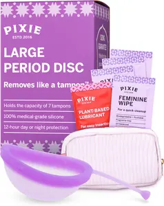 Pixie Menstrual Disc for Feminine Care - Ranked 1 for Best Tampon Alternative Period Disc - 100% Medical-Grade Silicone - Removes Like a Tampon - Wear 12 Hours - Capacity of 7 Tampons (Large, Purple)