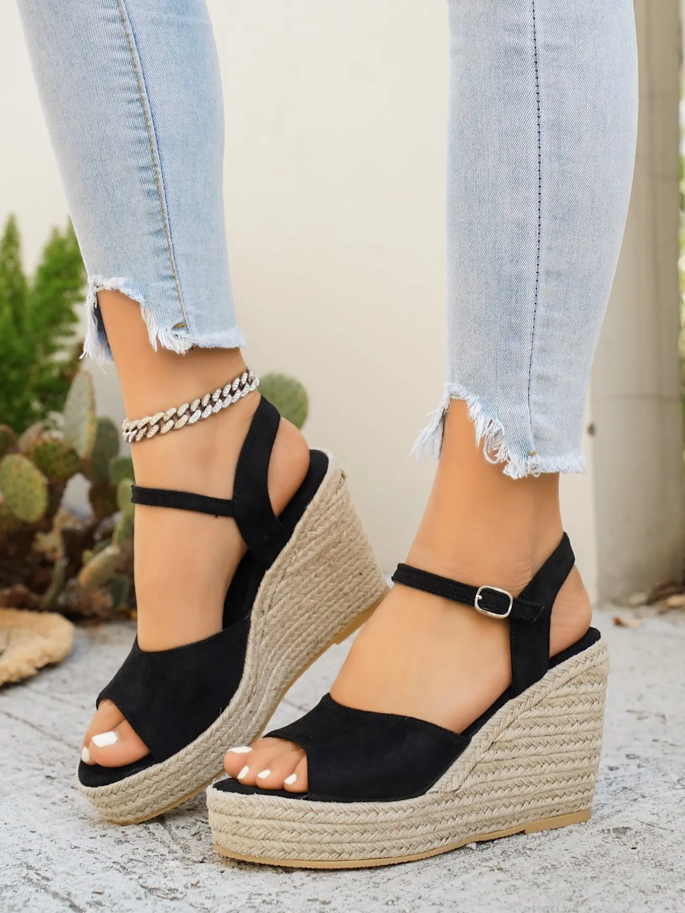 Women's Boho Buckle Strap Thick Sole Sandals, Summer Wedge Design Platform Shoes, Elegant Classic Ladies' New One-Strap Braided Heeled Flip Flops, Wedge Heels, Stylish Footwear