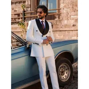 Men's Suit Jacquard Shawl Lapel Double-Breasted Blazer Set (Jacket + Pants) - Slim Fit Wedding Party Groom 2Pcs Tuxedo
