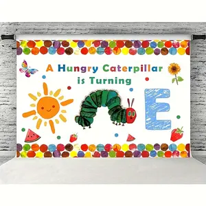 Caterpillar Happy Birthday Background Cloth, Backdrop Picture, Sunshine Cartoon Photo Wall, Butterfly Theme First Birthday Party Decoration