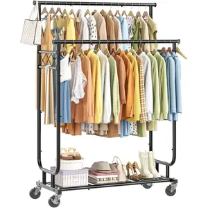 Heavy Duty Clothes Rack, Rolling Clothing Rack With Shelves Load 450 LBS, Double Rod Clothing Racks with Wheels for  Clothes, Black