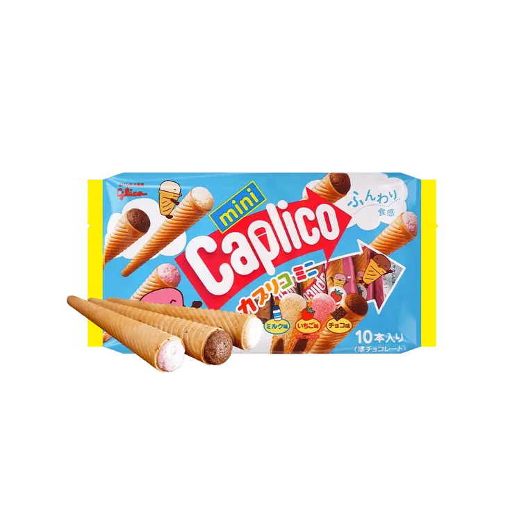 Pocky Glico Caplico Mini Obukuro Mini Cones Dairy Snack - Mixed Milk, Strawberry, Chocolate Flavors with Creamy Texture, Contains Dairy, Ice Cream-Inspired, Suitable for Adults, Room Temp Storage