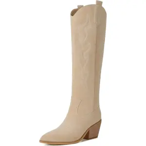 Reitoye Cowboy Boots for Women Embroidery Western Cowgirl Knee High Chunky Heel Boots with Pull-Up Tabs