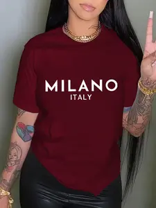 Women's Casual Fashion Round Neck Short Sleeve Top, Letter Print Loose Fit T-Shirt, All Seasons, No Zipper, Without Collar