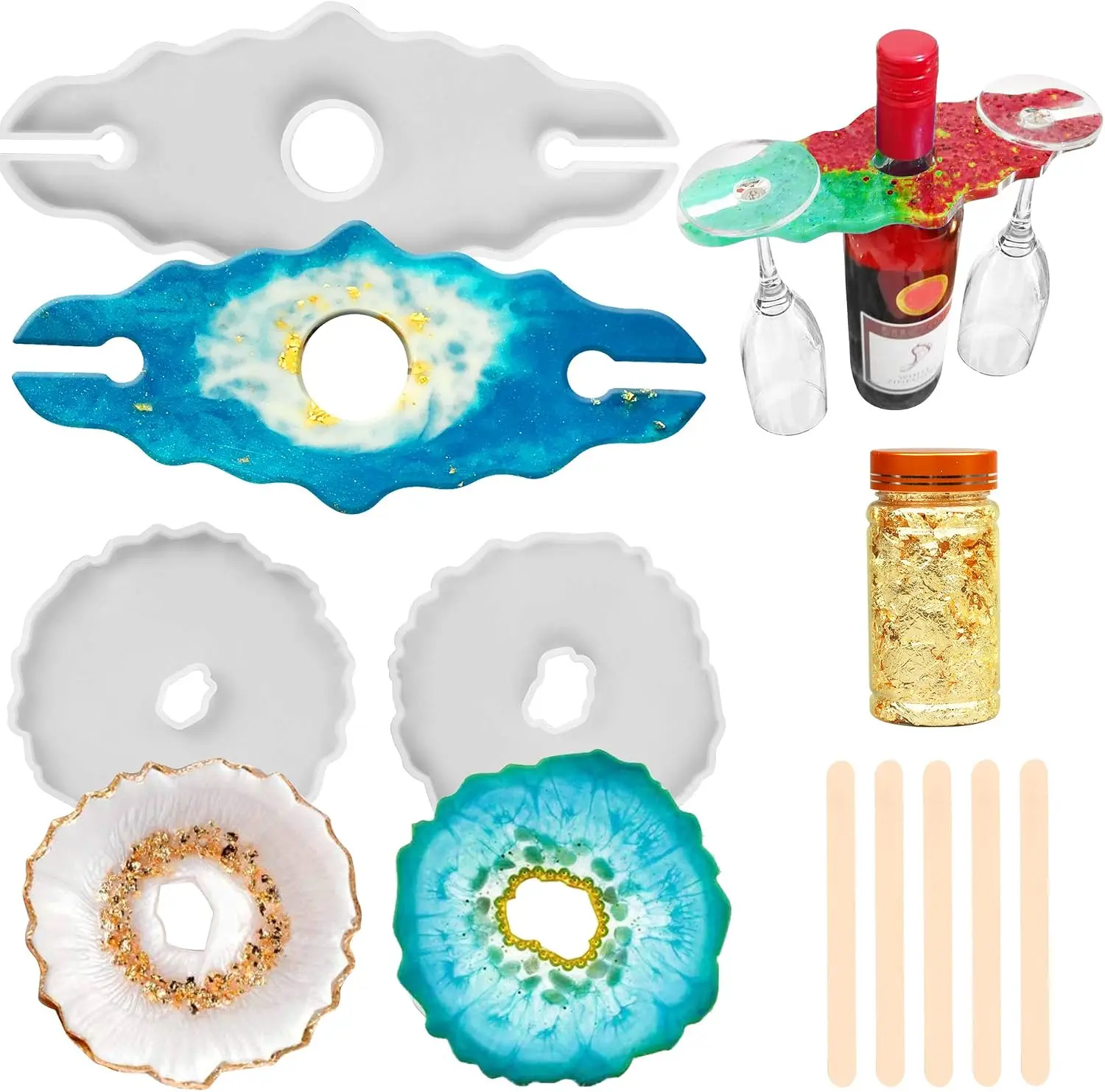 Epoxy Resin Molds Set - 2 pcs 5" Irregular Round Flower Coaster, 1 pcs 9.5"x4.25" Glass Holder, with Gold Foil and Stirrers, DIY Silicone Wine Reck Mold