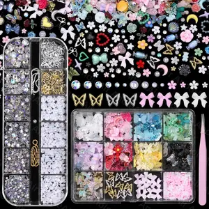 Assorted Junk Case Charms Kit, 3D  Charms and Flatback   Set,    Butterfly, Flower Bows 3D  Charms and , Charms for Nails Design for  Art DIY with Pickup Tools