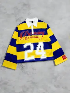 Yellow striped polo collar long sleeved men's T-shirt, Long sleeve design, Fitted Fit, European American street fashion brand casual street style spring autumn winter unisex sports T-shirt with 24 digits between stripes, Stripe Pattern