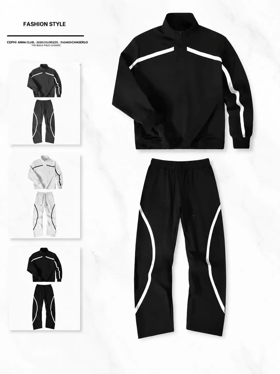 Men's 2 Piece Tracksuit Set Half Zip Pullover Sweatshirt and Baggy Sweatpants Y2K Streetwear Casual Athletic Outfit Decorative Printed White Lines Sportswear Jogging Suit Activewear Matching Lounge Set Black