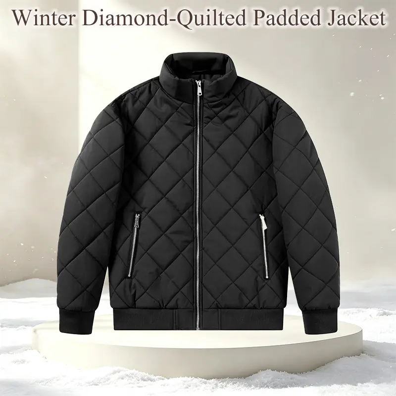 1 piece vintage diamond-quilted jacket, casual and sleek, stand collar, metal zipper, side pockets design, men’s urban outerwear