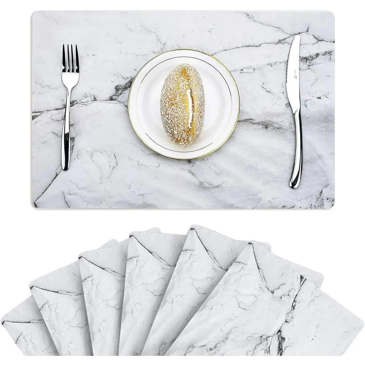 White Marble Look Placemats (Set of 6) - PP Plastic, 17x11.8 in Thin Rectangle Kitchen Tableware, Reusable, Durable, Heat Resistant, Wipeable for Dining Table, Dinner Parties, Coffee Shop