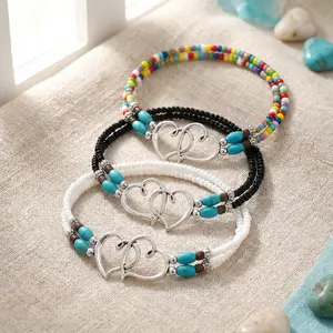 1/2/3pcs Bohemian Heart Decor Beaded Textured Anklet, Fashion Jewelry for Women & Teen Girls, Double Layered Ankle Bracelet, Trendy All-Match Exquisite Accessory, Ideal Birthday Gift-MM3