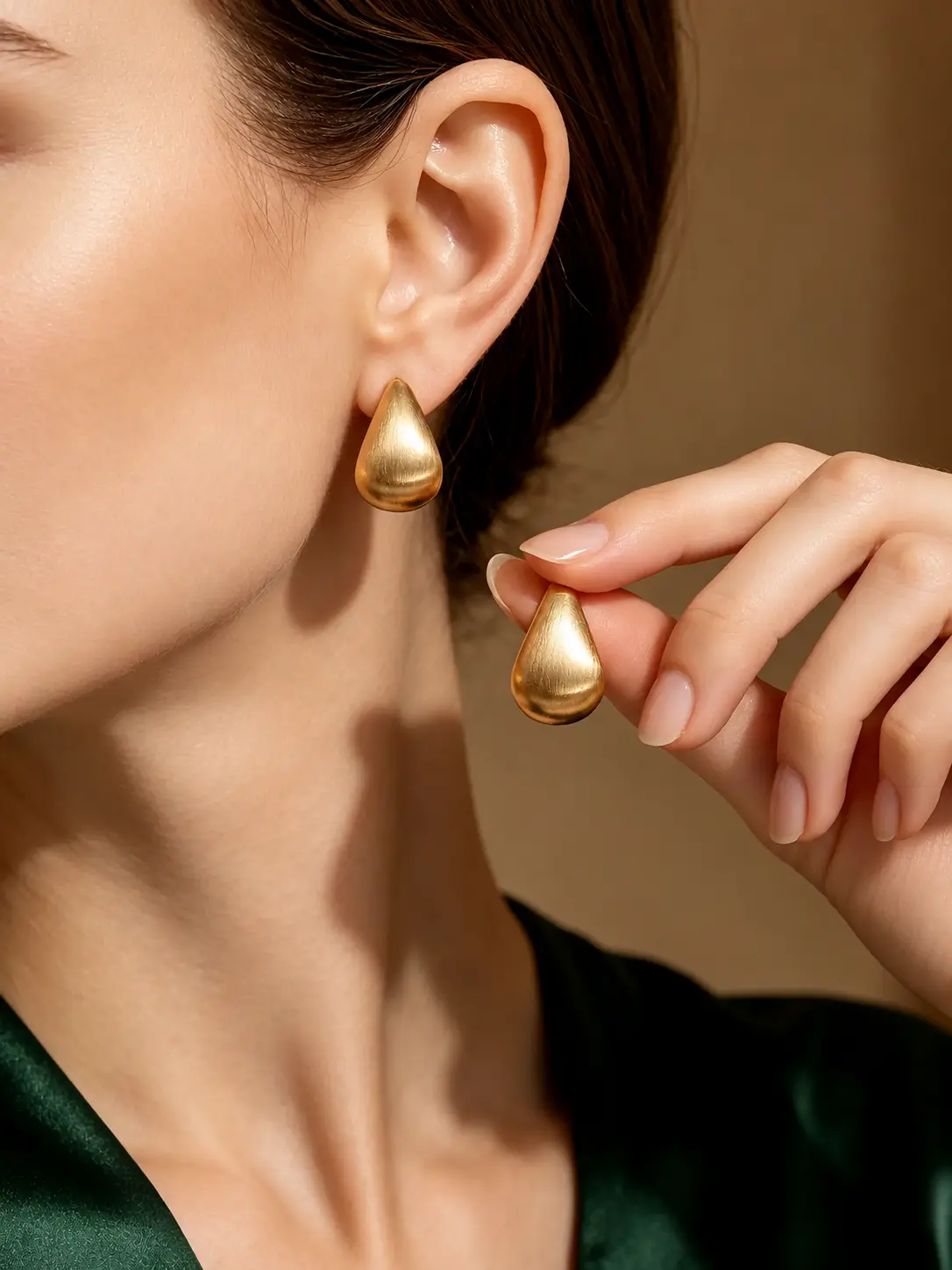 Brushed Gold Teardrop Stud Earrings for Women, Matte Metal Drop-Shaped Earrings, Minimalist Everyday Jewelry for Summer Outfits, Vacation, Brunch & Dinner Looks