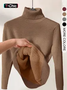 Women's Solid Thermal Lined Thick Drop Shoulder High Neck Turtleneck Sweater, Casual Solid Long Sleeve Jumper For Daily Outdoor Wear, Women Knit Top for Fall & Winter