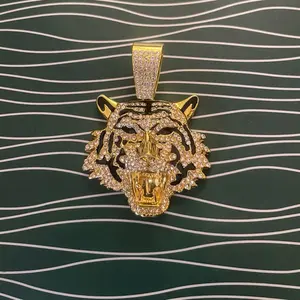 Tiger Pendant - Gold Color with Rhinestones, Animal Design, Fashion Jewelry for Men and Women